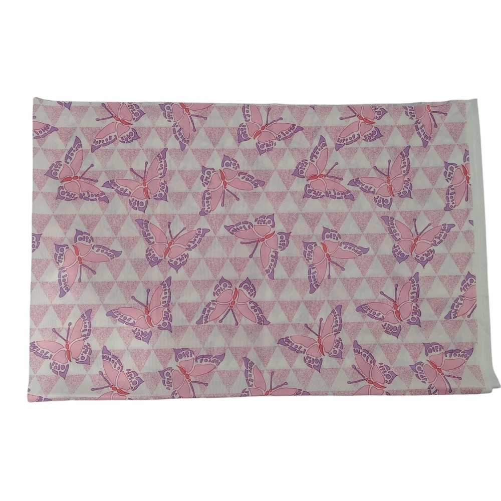 Vintage 70s Pink And Purple Butterfly Geometric Triangle Fabric Remnant 39×60 in